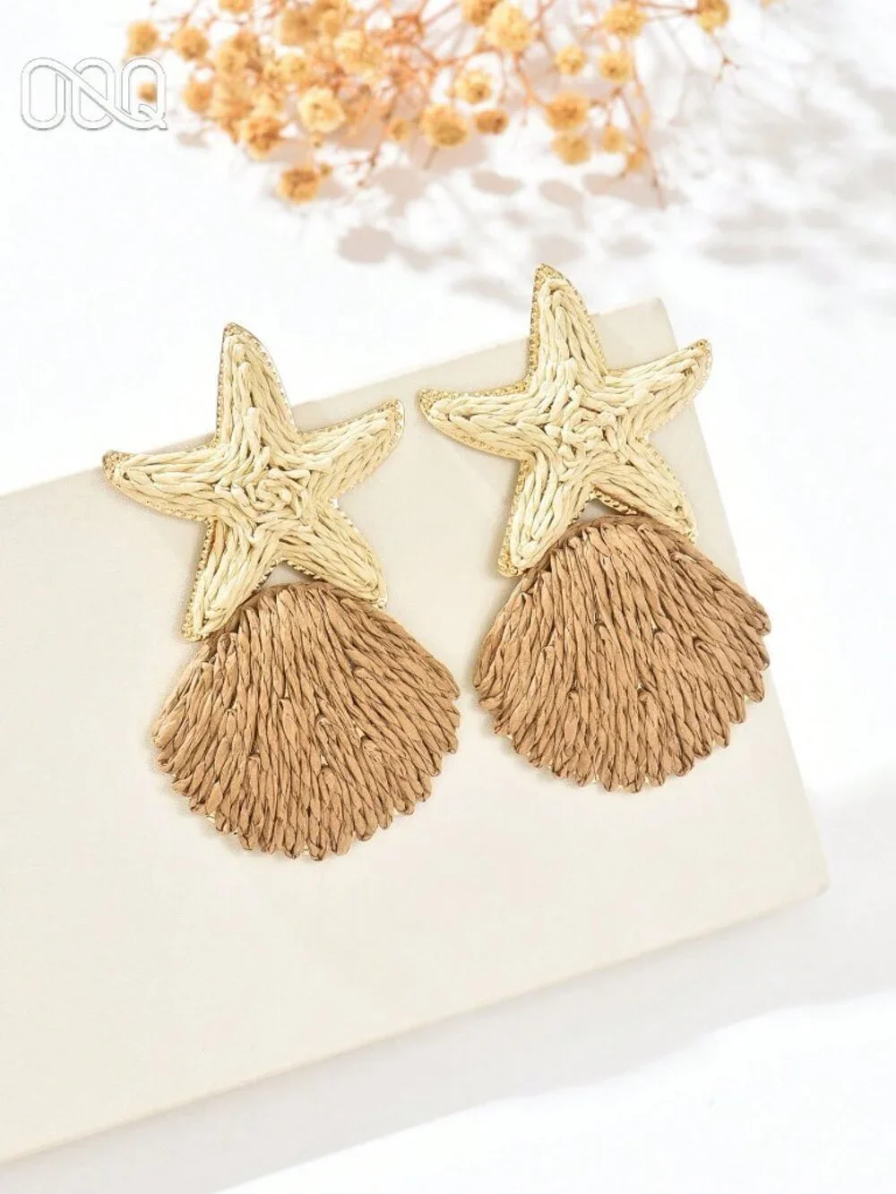 Brown Boho Women's Handmade Woven Raffia Grass Starfish Shell Earrings